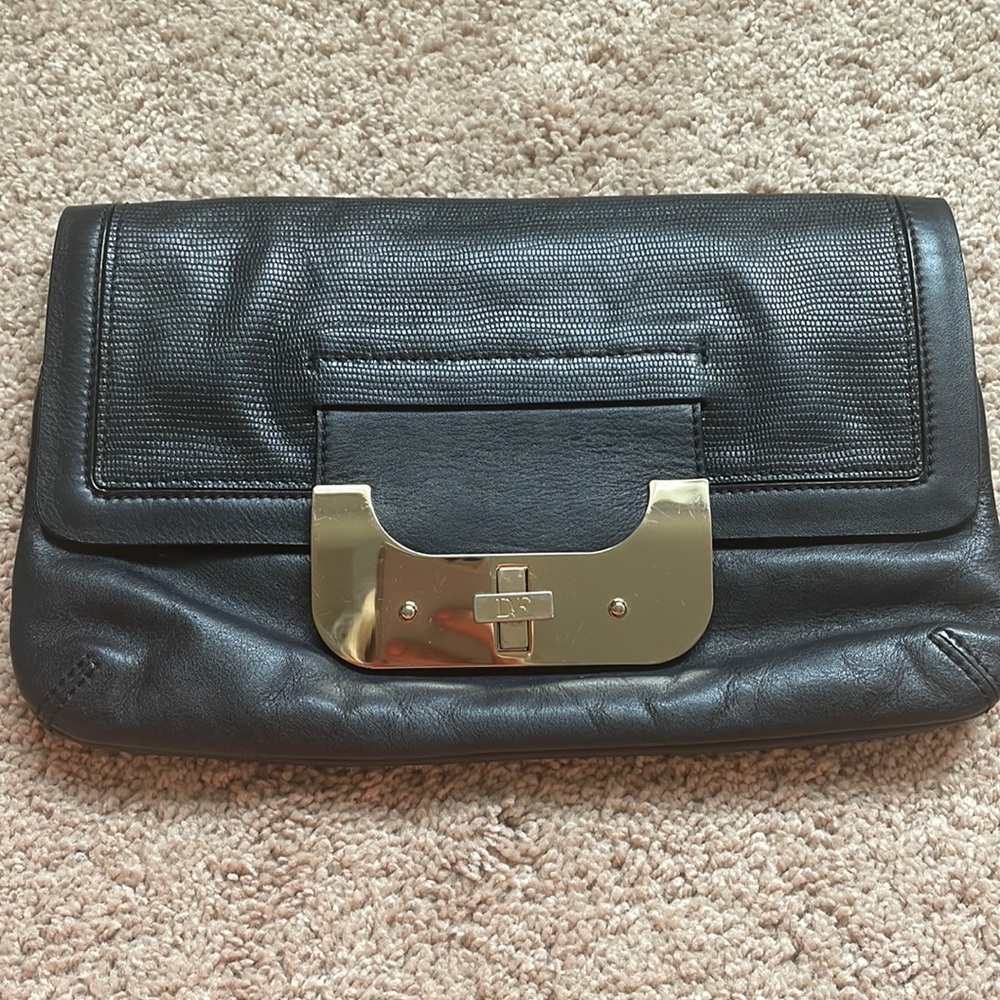 DVF black leather clutch